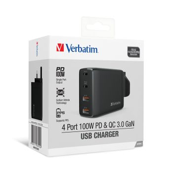 Verbatim 威寶 - 100W PD 3.0 & QC 3.0 GaN 4 輸出 USB充電器 - 黑色
