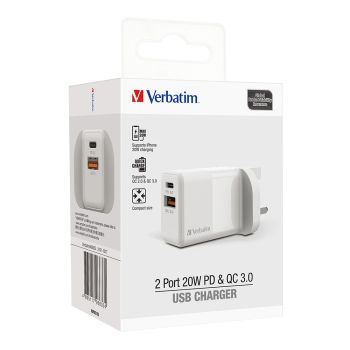Verbatim 威寶 - 20W PD & QC 3.0 雙輸出USB充電器 - 白色