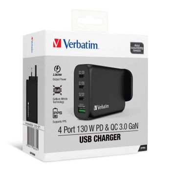 Verbatim 威寶 - 130W 3 x PD 3.0 & 1 x QC 3.0 GaN 4輸出 USB充電器 - 黑色