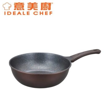 意美廚 - 韓國製 PLUS 28X8.0CM鋼化鑄鋁大理紋石易潔單柄深煎鍋- 棕色
