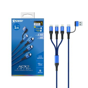Xpower - 1米 ACX3 2in1 2出3高速充電編織線 xp-acx3-bl (藍色)