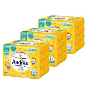 Andrex - [3件優惠裝] 兒童專用濕廁紙 20片 x 4包裝 (韓國製造,温和不刺激,有效抹走99.9%細菌,可安心沖走,出街必備)